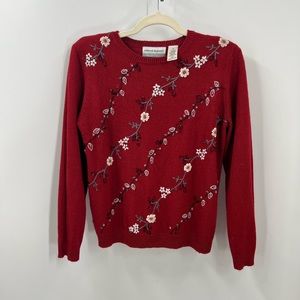 Alfred Dunner vintage cherry blossom, embroidered bead floral detail sweater S/P